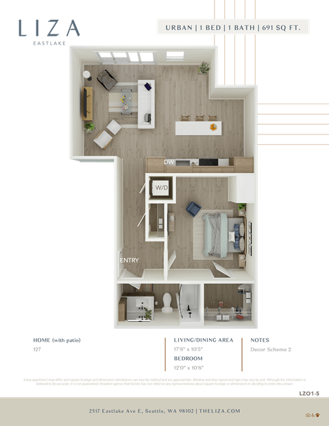 Liza Apartment 3D floor plan - 1x1 691 sqft